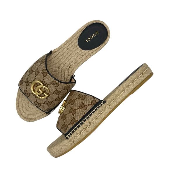 GUCCI Monogram Matelasse GG Marmont Espadrille Slide Sandals Size 38 Beige Black - Picture 1 of 16